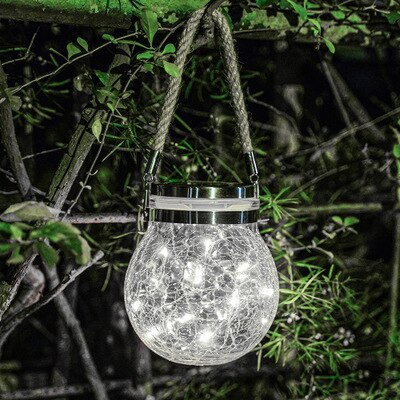 Sol led lampe sprekk hengende lys ball glass krukke lys utendørs hage dekorasjon tre lys kobbertråd lys julelys: Hvit