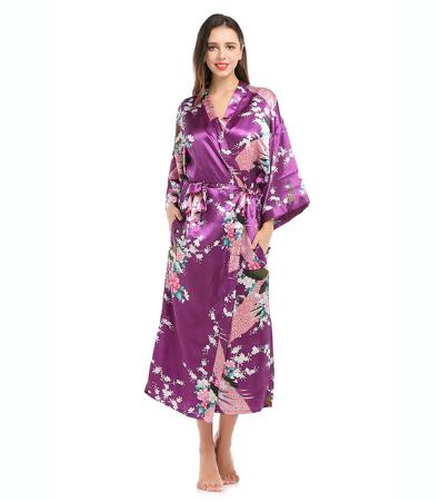Peignoir kimono en satin pour femmes, vêtements de nuit longs, en élasthanne, motif imprimé paon floral, pour fête, mariage, demoiselle d'honneur: XXXL / Marron