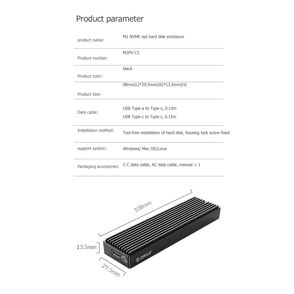 Orico-c m.2 ngff/nvme ssd, caixa de compartimento de disco rígido externo, hd 5gbps/10gbps para 2260 2280: 10Gbps