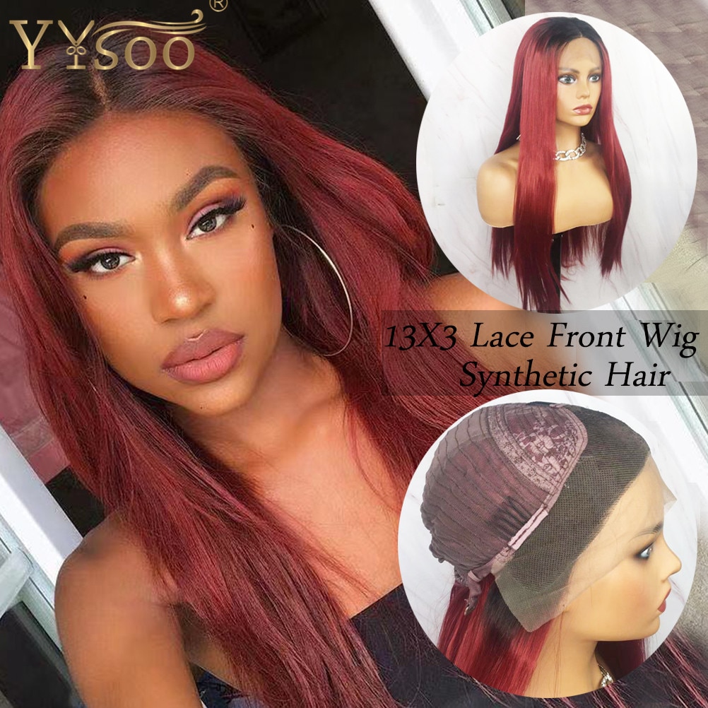 Yysoo Lange Silky Straight Dark Wortels Rode Synthetische Hair13x3 Lace Front Pruik Voor Vrouwen 1b/Rood Half Hand Gebonden pruik Middelste Deel
