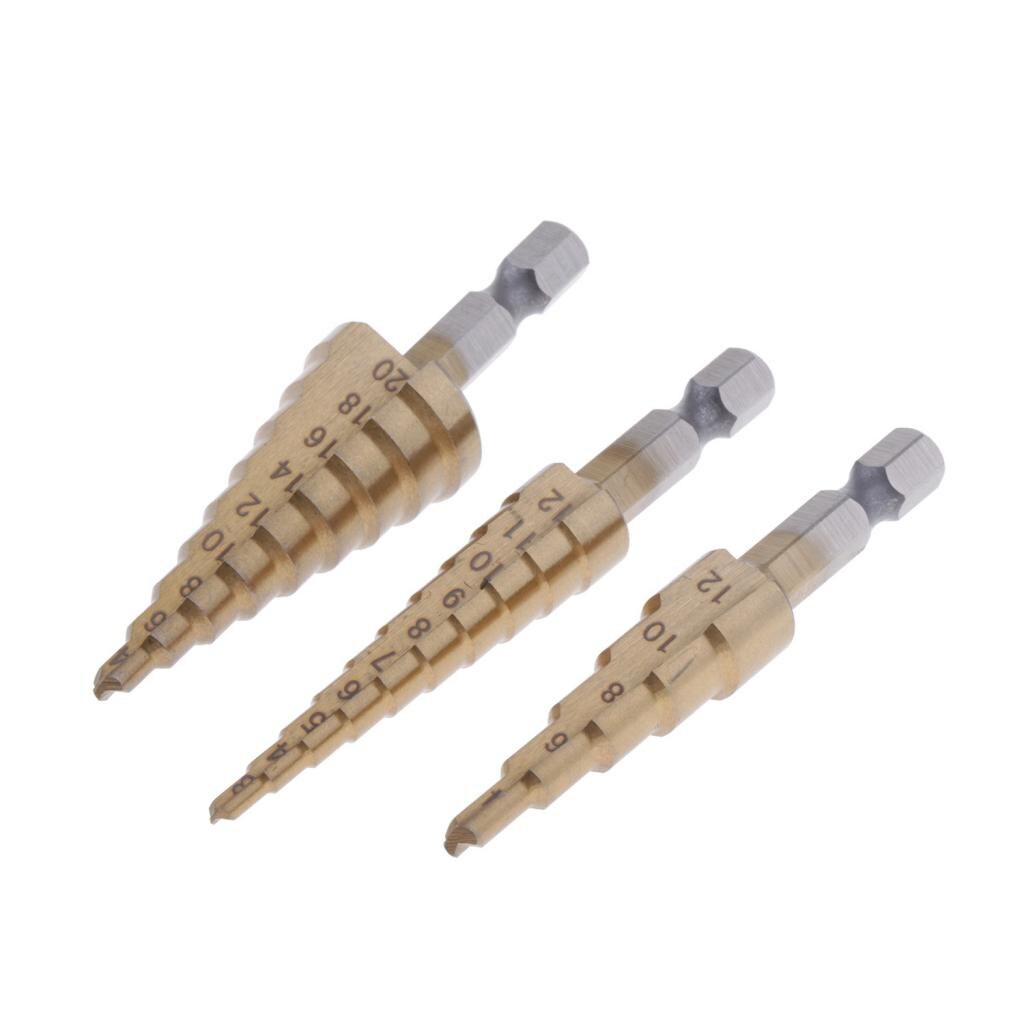 3pc Step Drill Bit HSS Titanium Coated Step Cone Hole Cutter 3-12/4-20/12mm