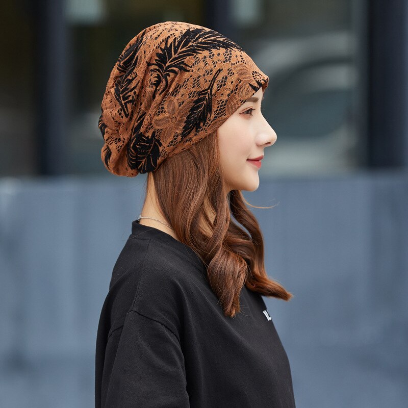 Etnisk stil kvinder strikket hat hættehætte bomuld koreansk stil enkel blonder blomster skullies beanies