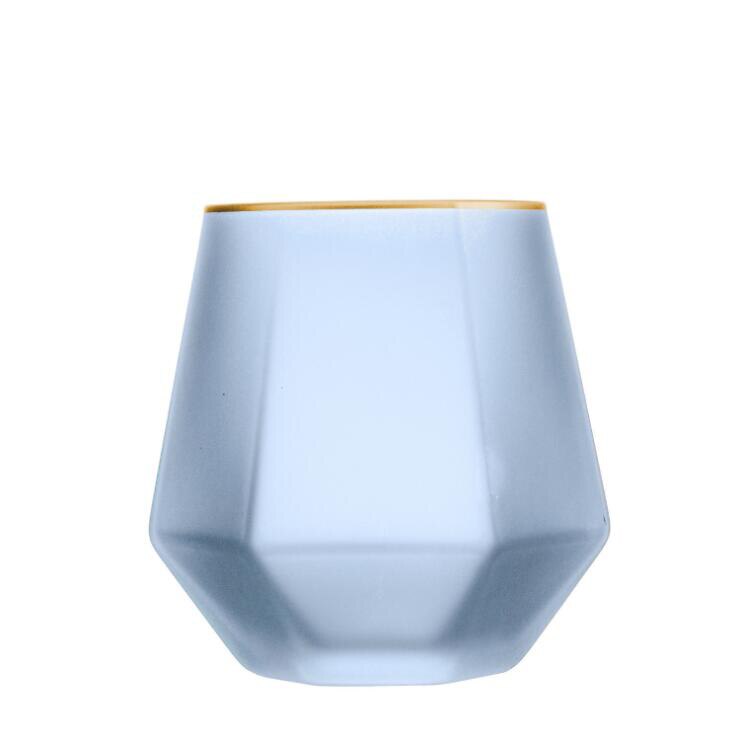 Taza de agua con forma de diamante transparente, taza de cristal con borde dorado, para beber en el hogar, polígono, mate, para leche, vino, estilo Elagant: Matte Blue