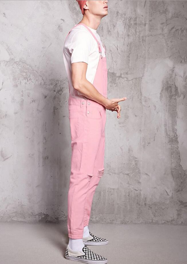 Män hålficka jeans overall jumpsuit streetwear hängselbyxor rosa söta pojke joggingbyxor plus size man pantalon homme  w987