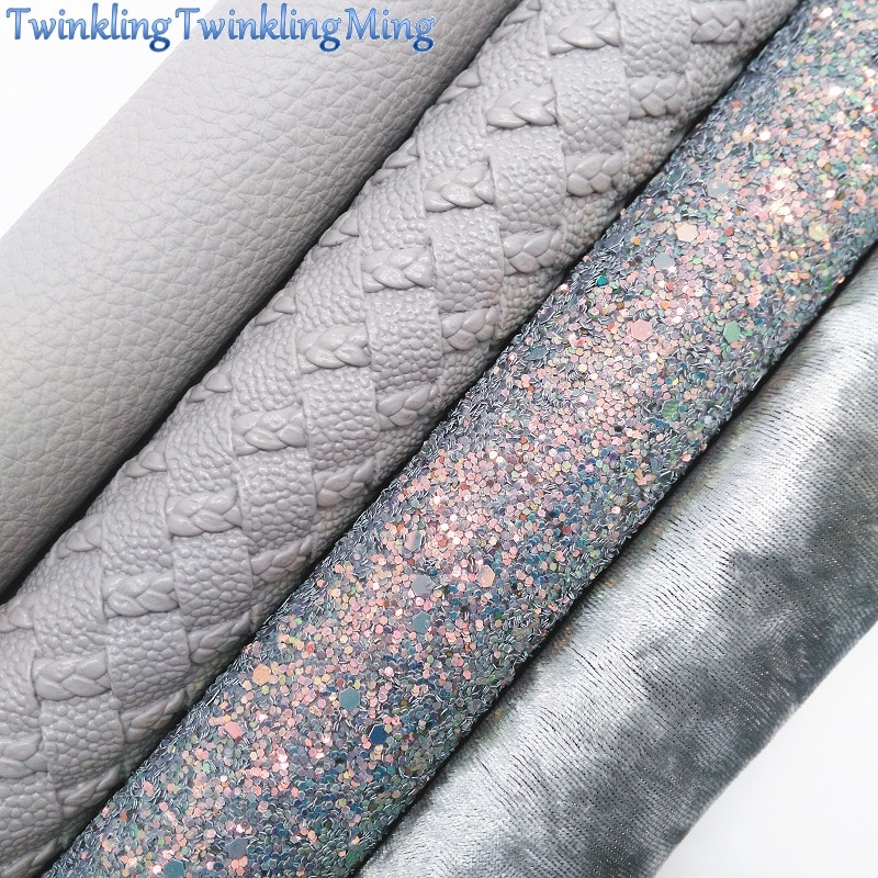 GREY Glitter Stof, Weven Faux Leer Stof, litchi Synthetisch Leer Vel Voor Bows A4 Size 8 "x 11" Twinkling Ming XM122