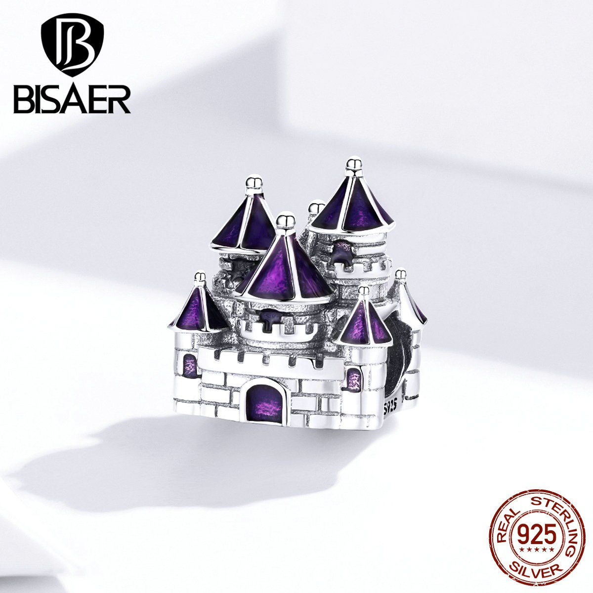 BISAER autentico argento Sterling 925 Princess Castle Charms Queen Castle Beads Fit bracciali smalto viola gioielli in argento EFC122