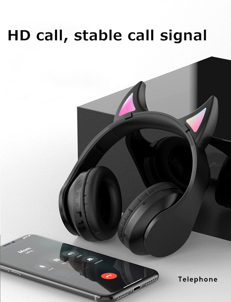 Glowing Devil Ear Headphones - LED Wireless HIFI Stereo Bass with Mic - Kids Headset