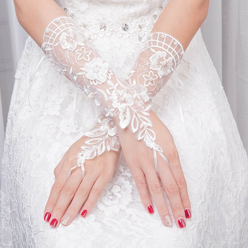 1 par hvide lange blonder brude brudehandsker fingerløs brudekjole billigt tilbehør rhinestone simuleret perle dekoreret