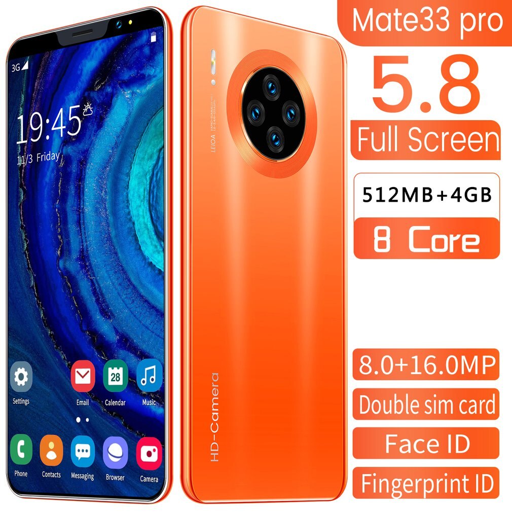 5.8 Inch Screen Mate33 Pro Smartphone with 512M+4GGB Large Memory Support Face/Fingerprint Unlock Dual SIM Mobile Phones: orange / American