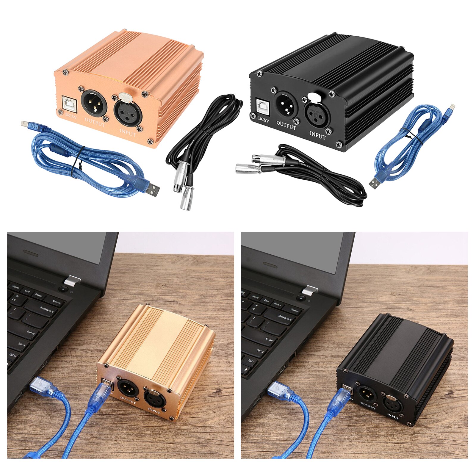 48V Phantom Power Supply and 2m XLR 3 Pin Cable for Condenser Microphone