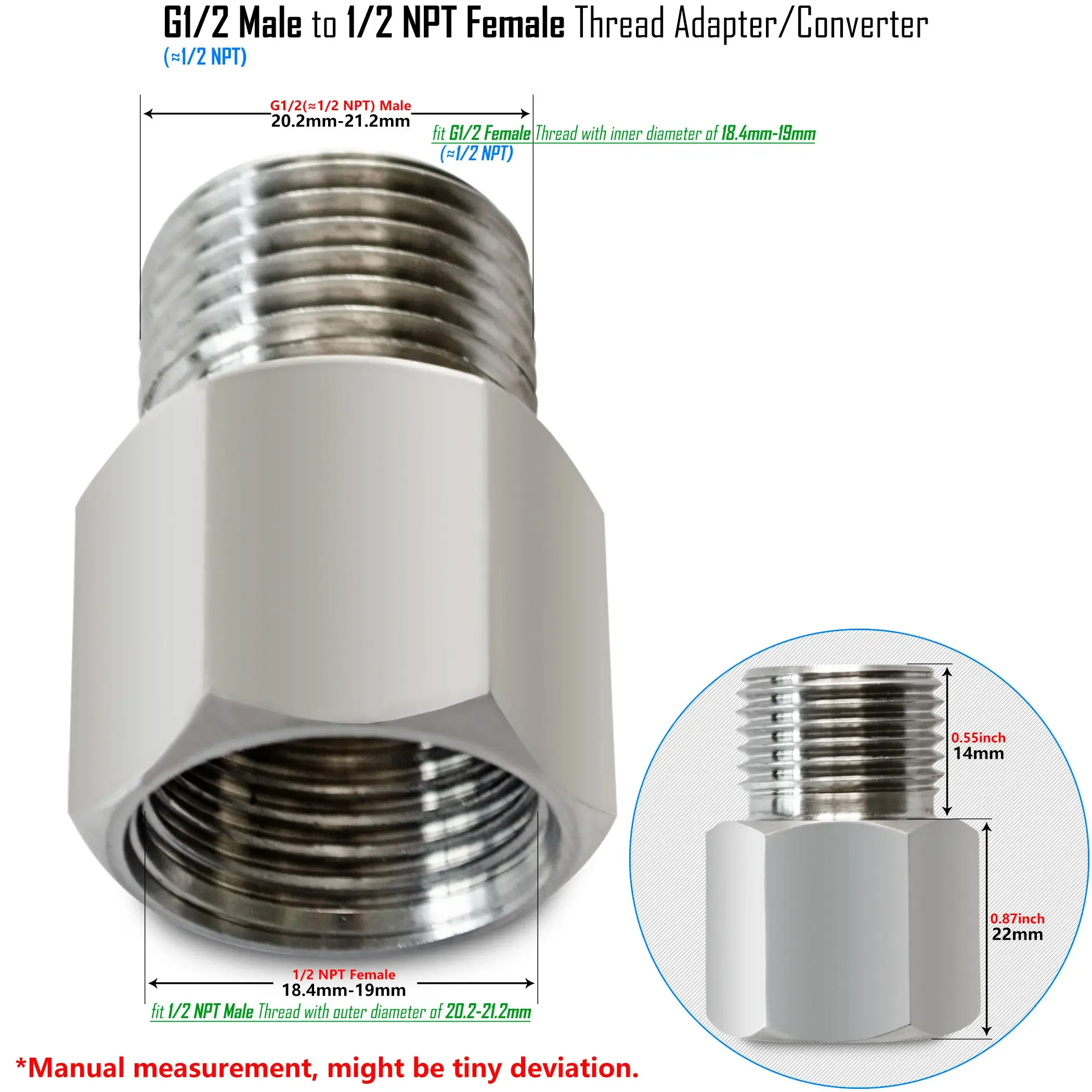 G1/2 to G3/8, 9/16-24 UNEF, 1/2 NPT Reducer Pipe Fittings Brass or Stainless Steel Threaded Water Hose Adapter Male Female