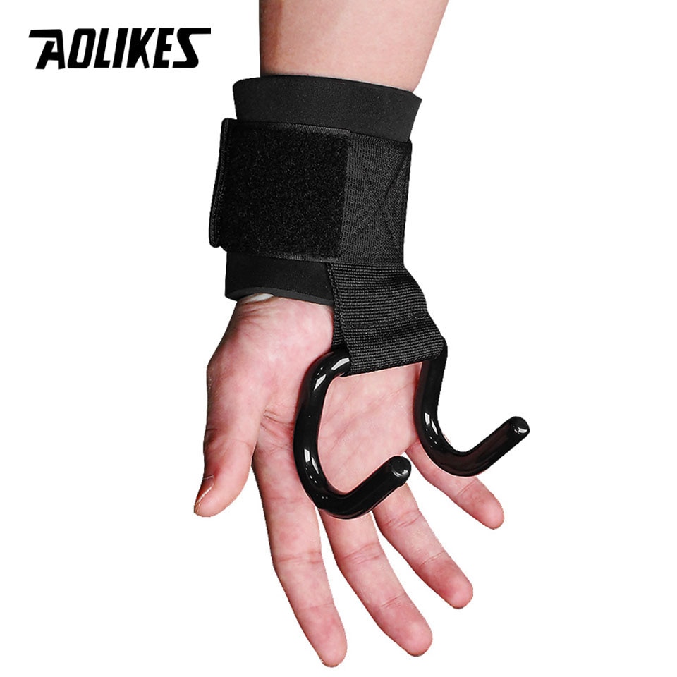 AOLIKES-gancho de acero para levantamiento de pesas, gancho de soporte de muñeca, antideslizante, para gimnasio, hebilla de entrenamiento de fuerza, 1 par