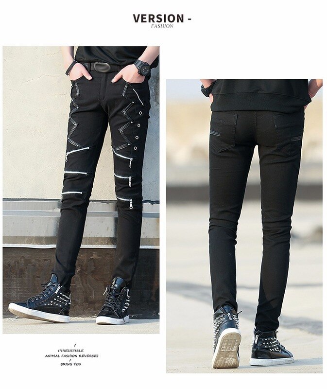Slim fit byxor punk stil svarta lapptäcke läder dragkedjor dans nattklubb gothic coola jeans byxor för män
