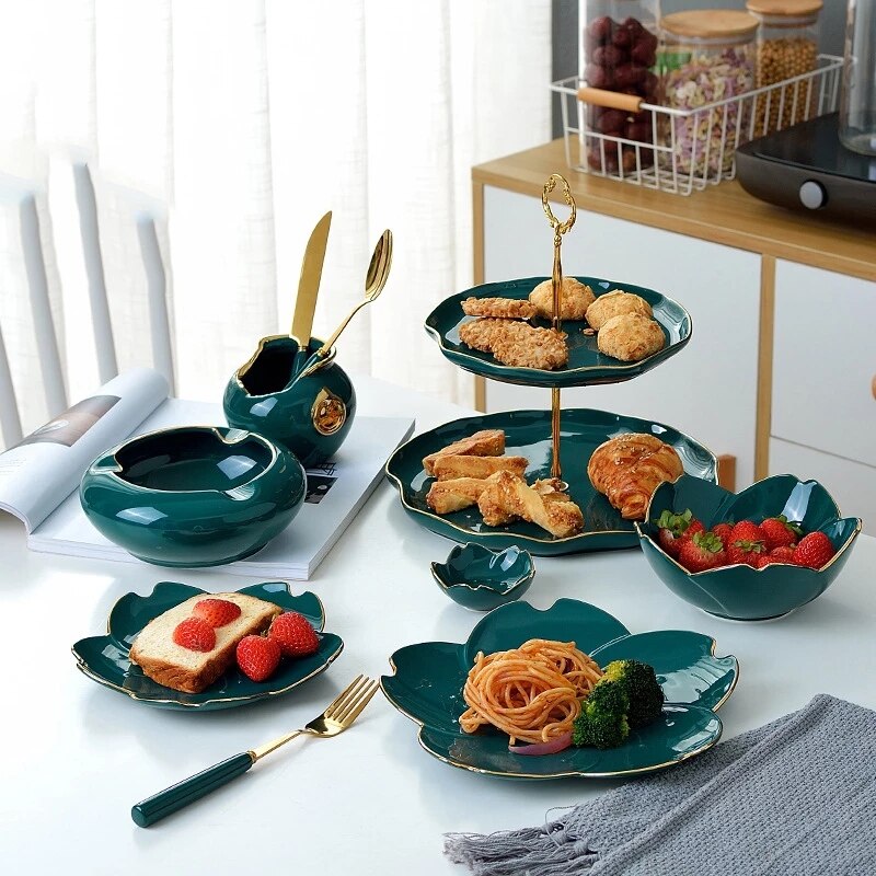 Green Kitchen Tableware Ceramic Dinner Set Flower Shape Sauce Dish Rice Salad Bowl Cake Dessert Plate