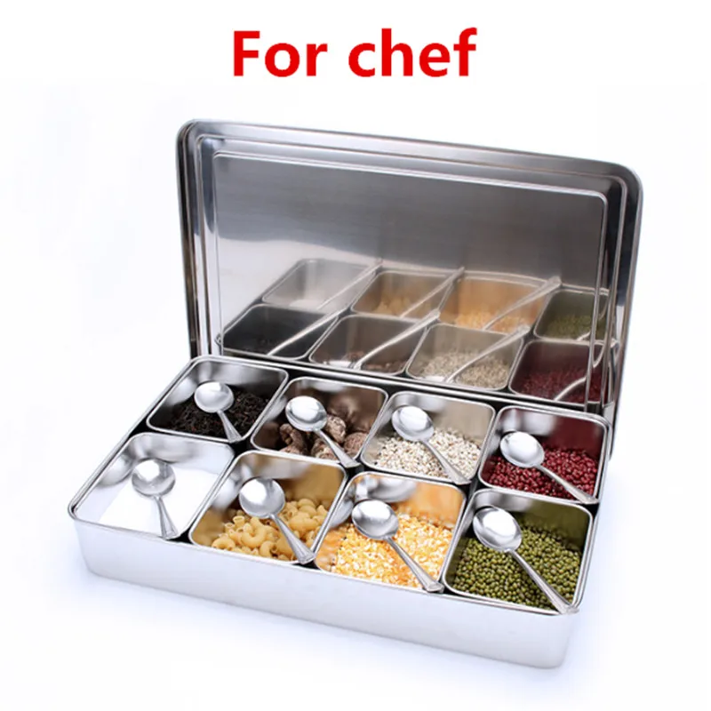 Japan Style Kitchen food Storage container Compartments Stainless Steel Seasoning box Containers with Lid Rectangle chef tools: army green