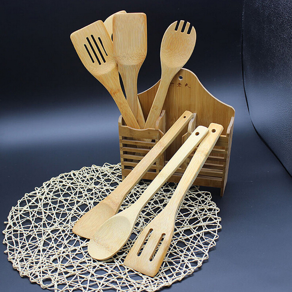 Ustensiles de cuisine en bambou | Ustensile en bois, cuillère mélange de spatule, sain outils de cuisine faciles L * 5 1 ensemble