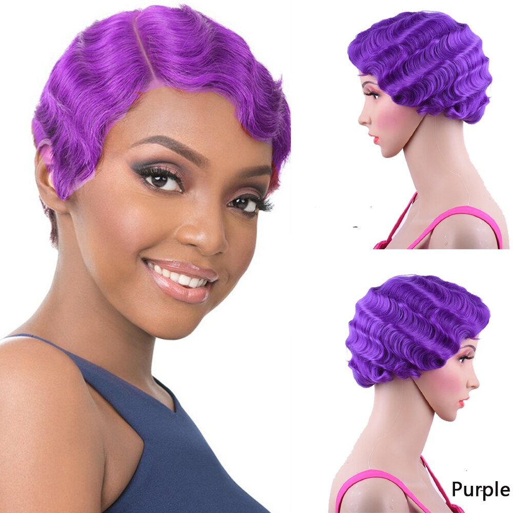 Korte Rode Vinger Wave Pruik Bruin Blonde Krullend Synthetische Pruiken Voor Zwarte Vrouwen Hittebestendige Afro-amerikaanse Pixie Cut Mama pruik: Paars