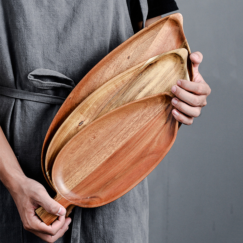 Bandeja de madera maciza con forma de hoja creativa, bandeja para comida, platos para postre, aperitivos, bandeja de té, platos de madera para Pan y pastel, bandejas de almacenamiento