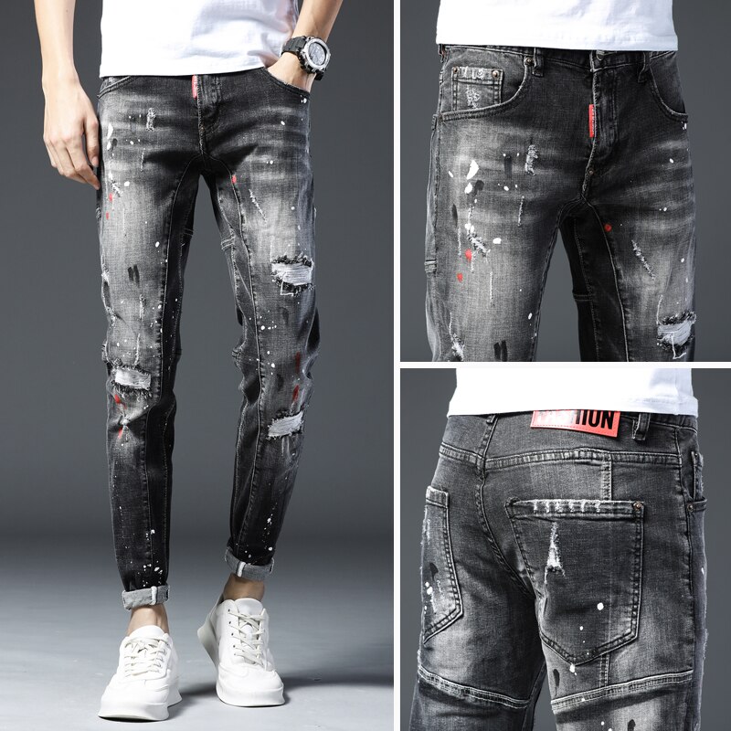 Skinny jeans mænd revet jeans til elastisk maling slanke bukser herretøj hip hop streetwear forår efterår dybgrå