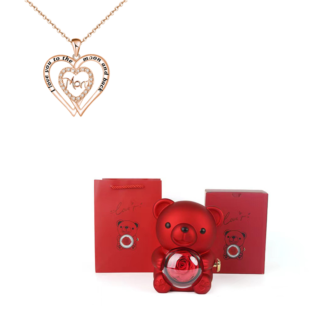 Collares con colgante de mamá de circón en forma de corazón con caja de de flor rosa de oso bonito adecuada para Navidad Día de la madre sorpresa romántica: Color dorado