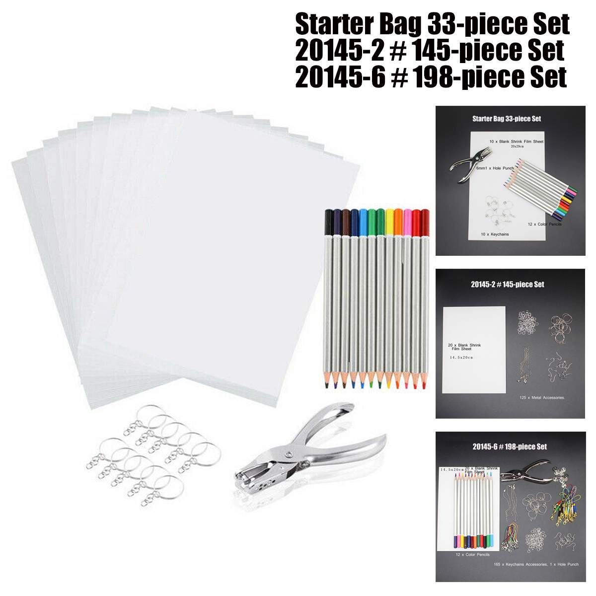 198PCS Heat Shrink Sheet Plastic Kit Shrinky Art Paper Hole Punch Keychains Pencils DIY Drawing Art Supply Heat Shrink