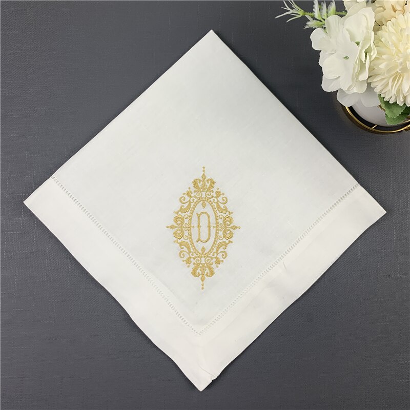 Set  of 12 utmärkta monogramservetter vitt hemstitch linneservetter 20 x 20 "stege broderad initial teservett: Guld bokstaven d