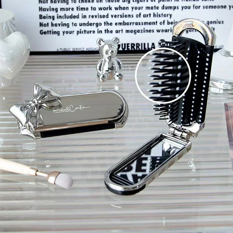 Bow Mini Hair Brush Folding Massage Combs Head Massage Anti-Static Hair Brush Girl Hair Combs with Mirror Portable Traveling