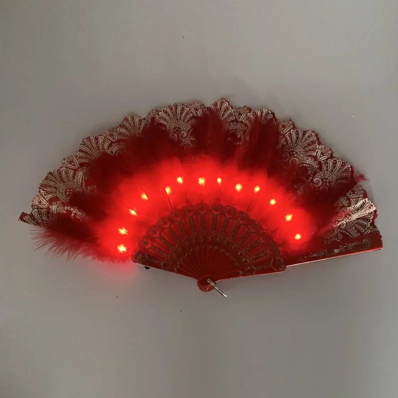 Abanicos de mano de plumas con luz LED brillante para niños y adultos, perfectos para fiestas de baile, festivales y bodas: Oro