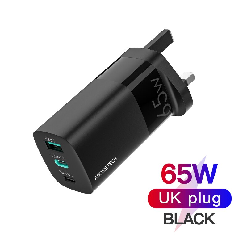 Gan 65w carregador rápido qc3.0 tipo c pd parede de carregamento dupla carga usb carregador rápido adaptador para iphone 11 xiaomi portátil huawei: UK Black