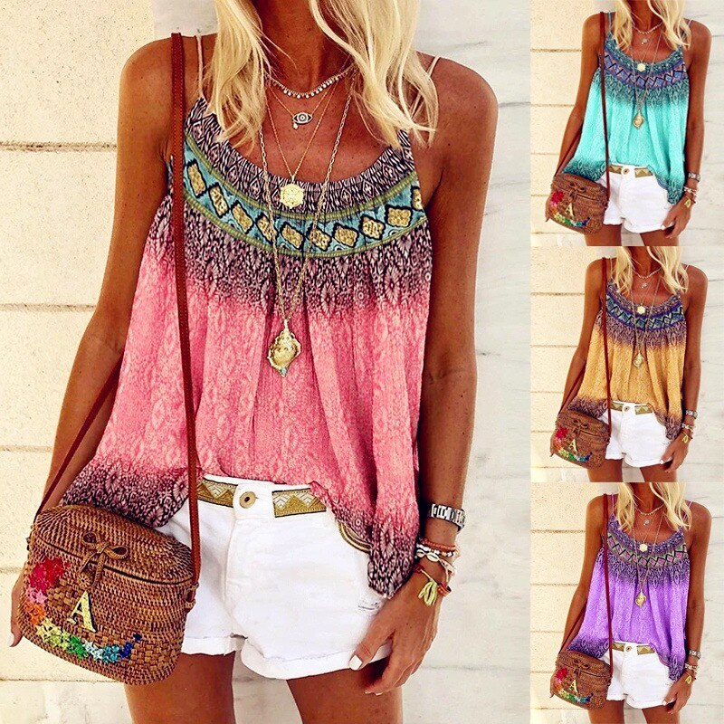 Camisetas sin mangas con tirantes para mujer, ropa Sexy informal de verano para playa, impreso bohemio, Floral, sin mangas,