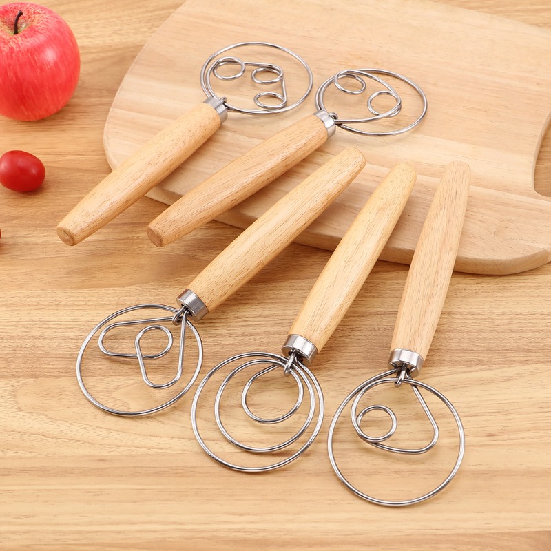 Fouet à pâte danois en acier inoxydable, style néerlandais, jxPâte à main, centre commercial, manche en bois, outils de cuisson de cuisine, mélangeur de pâte de façon spectaculaire