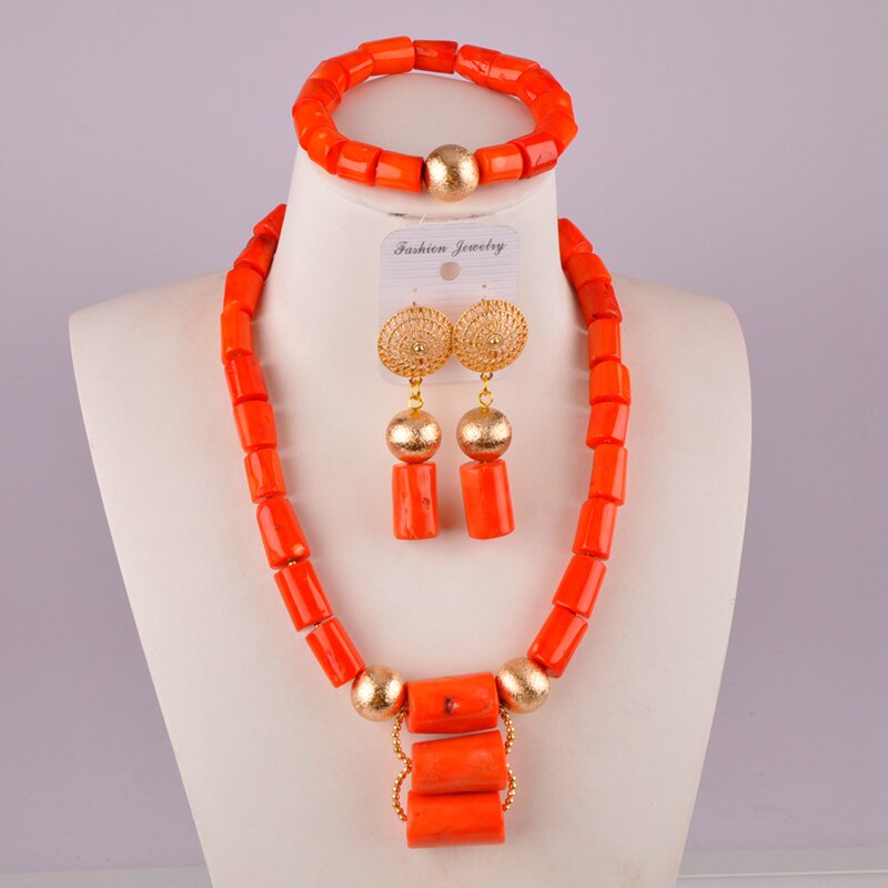 Afrikaanse Kralen Nigeria Bruiloft Sieraden Ketting Set Cilindrische Oranje Coral Tube Bead Metalen Accessoire Sieraden AU-01