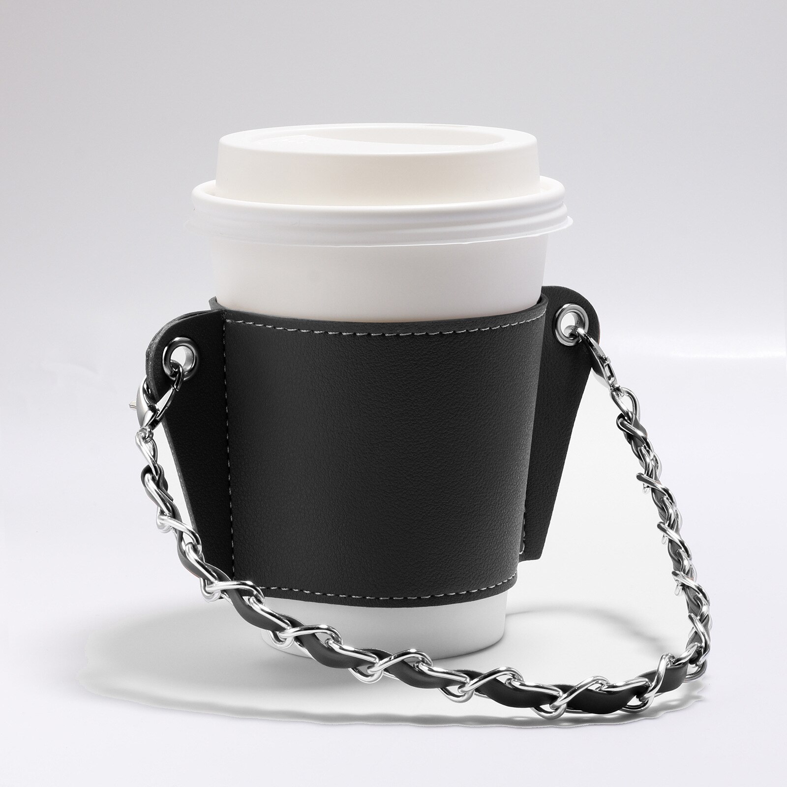 Manchon de tasse Portable pour boissons chaudes, réutilisable avec chaîne, manchon de boisson chaude isolé, en cuir, porte-gobelet: Black