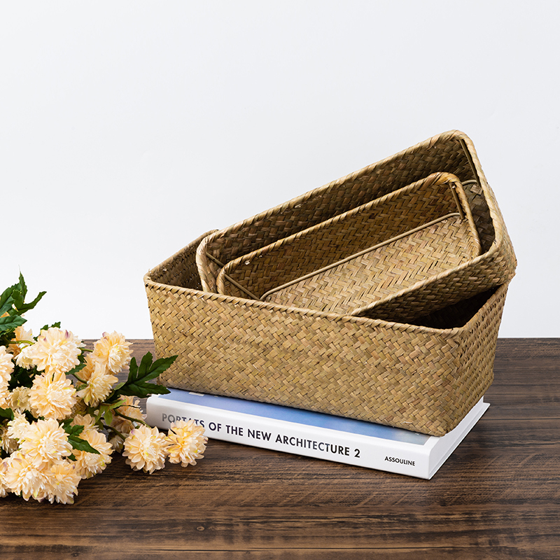 Rectangular Rattan Storage Basket Straw Fruit Dried Flowers Storage Boxes Handmade Seagrass Picnic Basket Makeup Organizer
