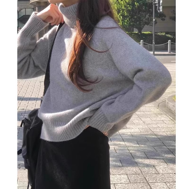 Høst/vinter polokrage 100%  kasjmirgenser dame løs genser pullover strikket tykk ullgenser: M / Militærgrønn