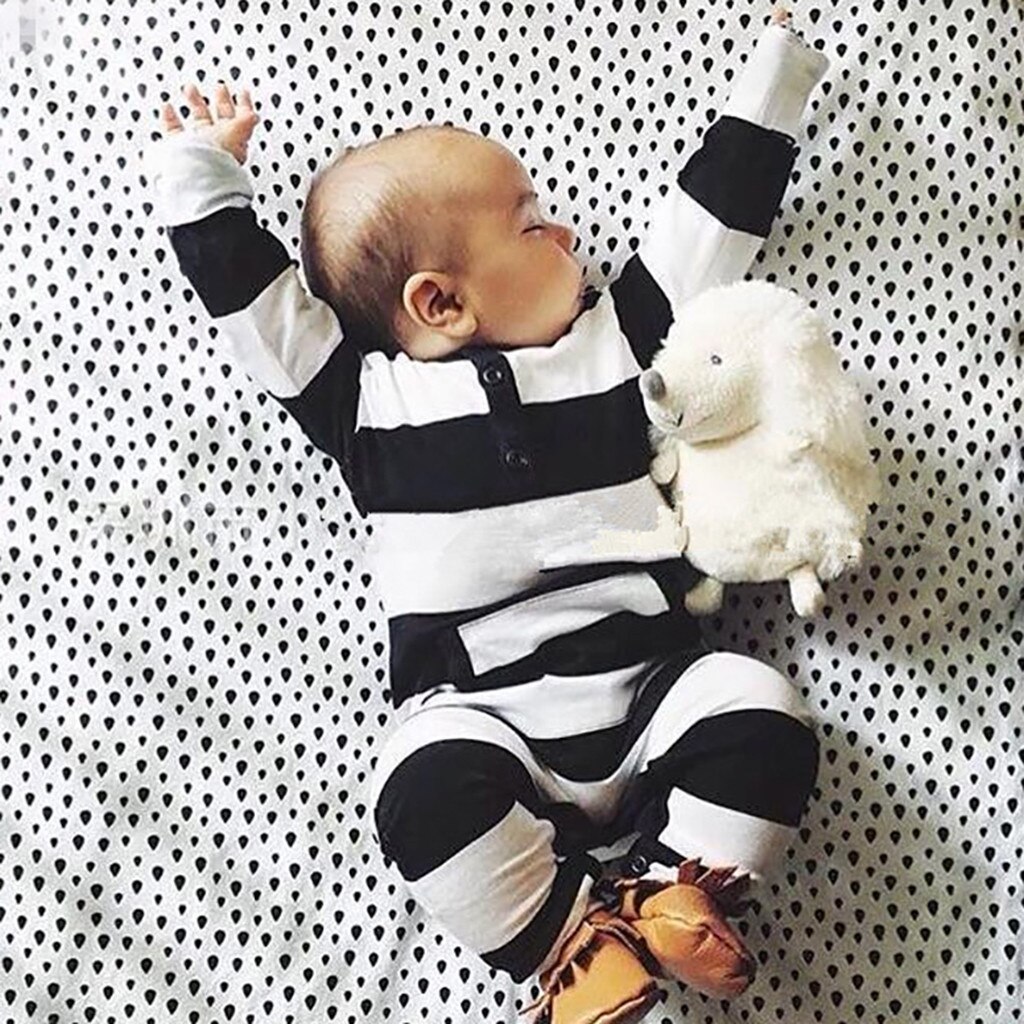 New Baby One Piece Manga Comprida Preto e Branco Listrado Bolso Romper Macacão Preto clássico menino roupas для новорожденных 50 *