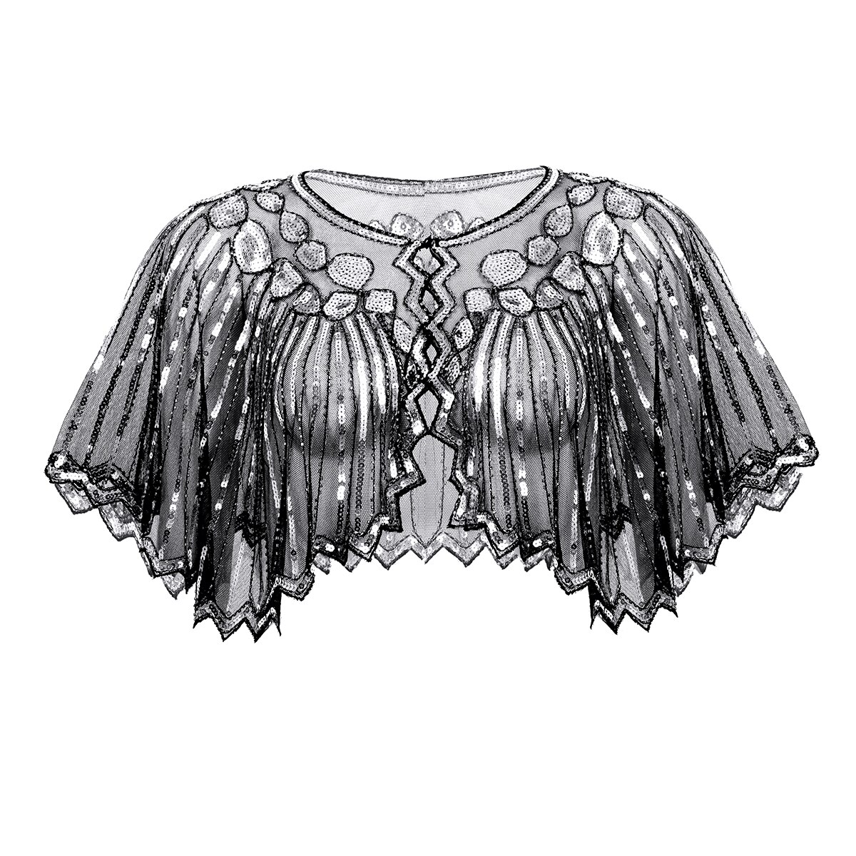 Femmes fête de mariage haussement d'épaules rétro Vintage 1920s châle enveloppes brillant Sequin perlé soirée Cape mariée châle boléro clapet couvrir: Black Silver