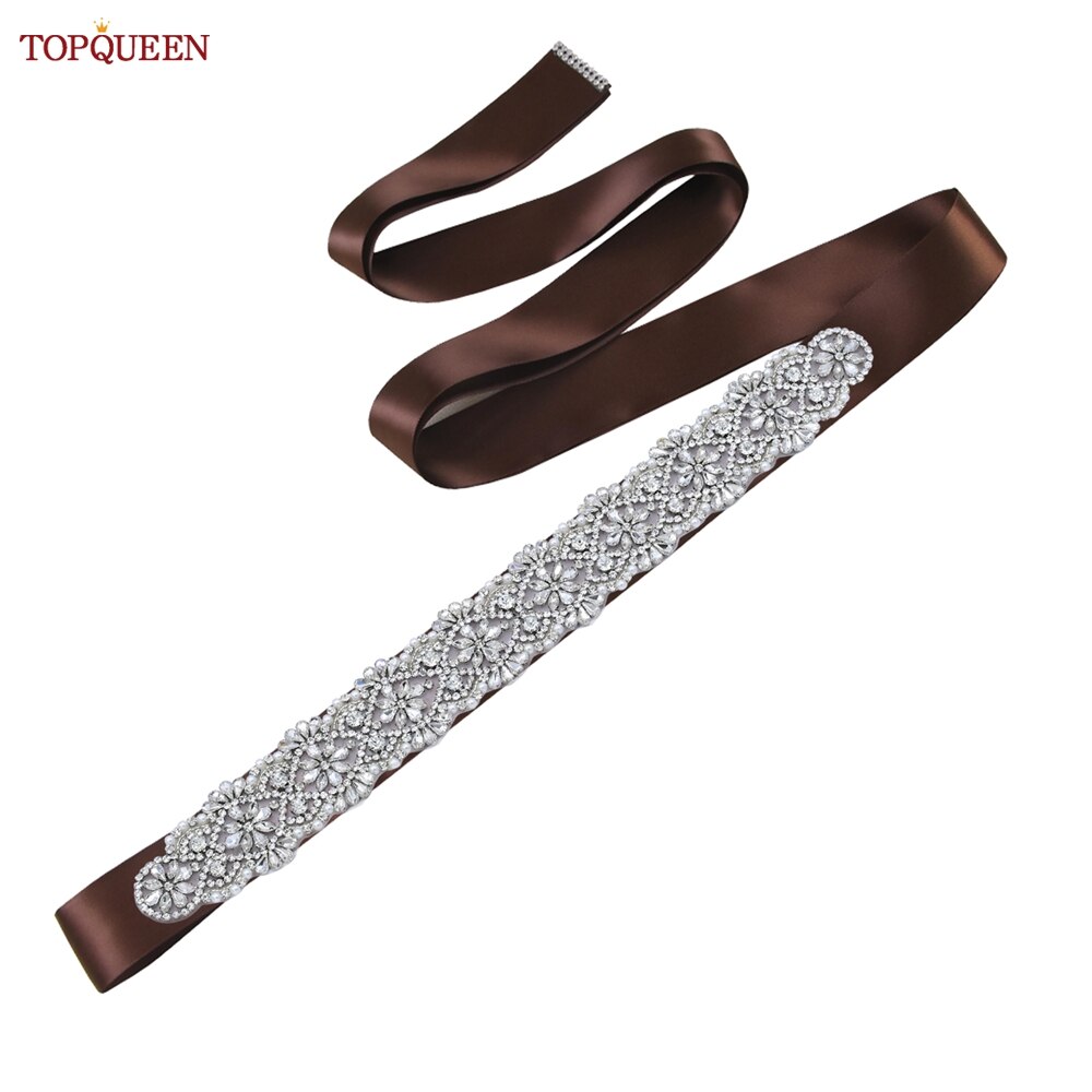 TOPQUEEN S04B damski luksusowy pasek srebrny Rhinestone pas biodrowy ślub kobieta pas pas ślubny aplikacja pasy dla kobiet szeroki: brown ribbon