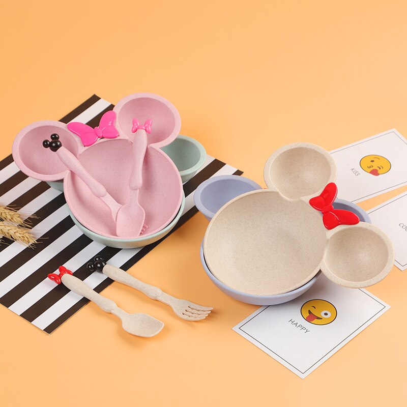 Tarwe Stro Baby Diner Kom Kinderen Cartoon Servies Set Kid Diner Plaat Baby Training Kom Lepel Vork Set