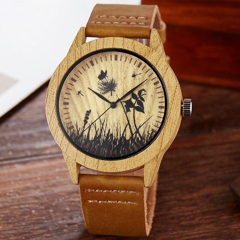 Wood Watch Men Women Couple Quartz Imitation Bamboo Wooden Male Animal Horse Watch Watches Leather Wrist Clock Reloj: W9 for Men