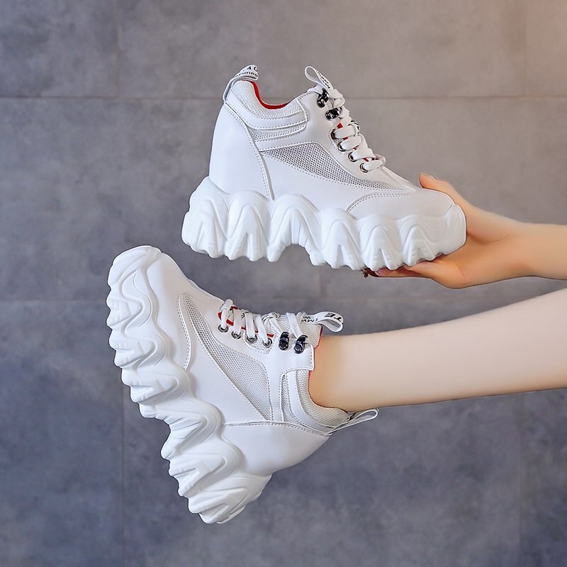 Chunky Sneakers For Women Ulzzang Platform 10cm Super High Wedge Shoes Woman Casual Shoes Ladies Trainers Female: White / 39