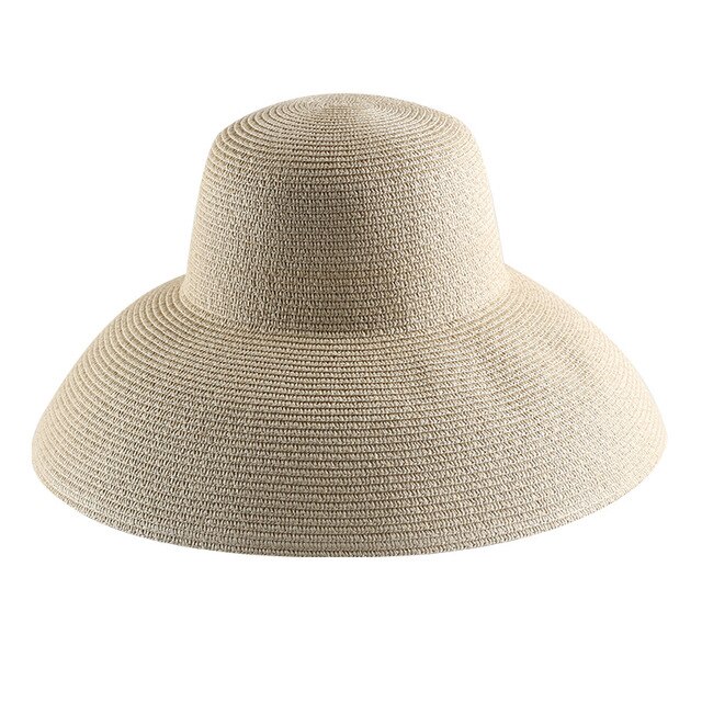 Hepburn Zomer Zonnehoed Dames Solid Plain Elegante Brede Rand Hoed Ronde Top Uv Bescherming Floppy Stro Strand Hoed Panama chapeau: Beige