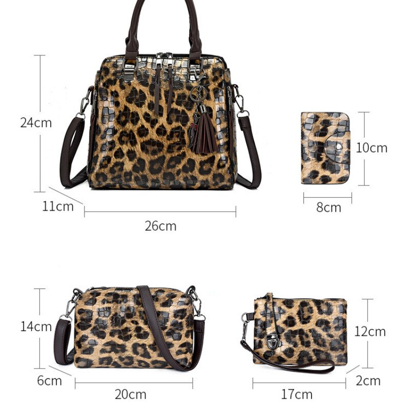 4PCS Handbags Women Large Capacity Shoulder Bag Stone Pattern PU Leather Crossbody Bags Sac A Main Femme Leopard Bag