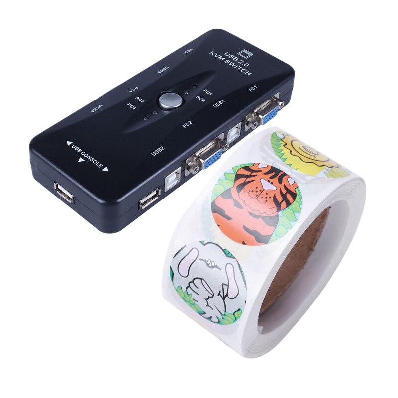 501 stk tilbehør : 1 stk 4 port usb 2.0 kvm switch box  + 4 kvm kabler tastatur monitor vga svga pc laptop & 500 stk/rulle label