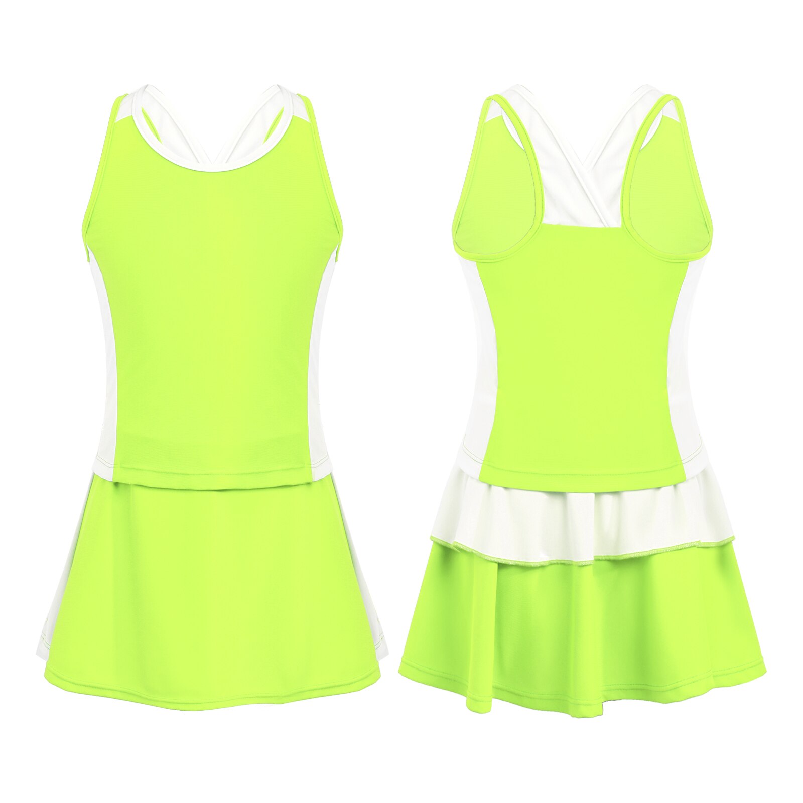 Summer Tennis Sportswear Kids Girls Sport Vest Tops and Skorts Set Casual Sleeveless Sports Suit Teens Badminton Tennis Outfits: Fluorescent Green / 12