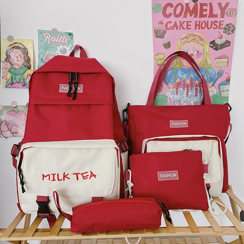 Mochila Oxford Harajuku para chica, bolso escolar de gran capacidad, bolsas para libros de estudiantes, 4 piezas: Red