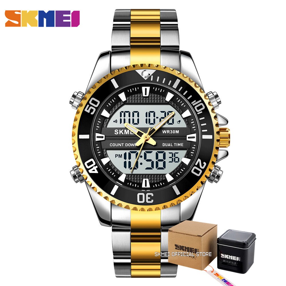 Skmei Dual Display Horloges Heren Mode Digitale Horloges Chrono Alarm Mannen Klok Waterdichte Rvs Relogio Masculino: silver GD with box