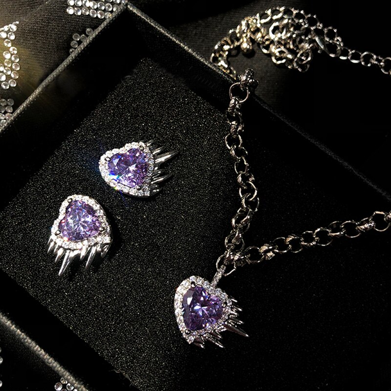 MENGJIQIAO tendance violet coeur cristal collier ras du cou pour les femmes filles métal cou chaîne de noël fête bijoux