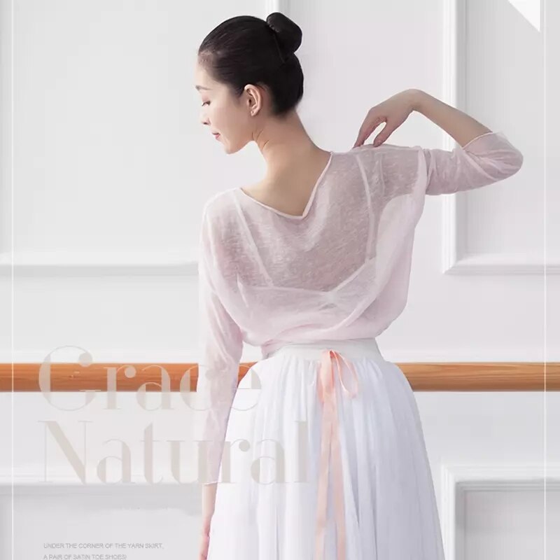 Mesh Long Sleeve Gymnastics leotard Sweater Dance Dress Gauze Adult Female Ballet Base Training Clothes Shirt