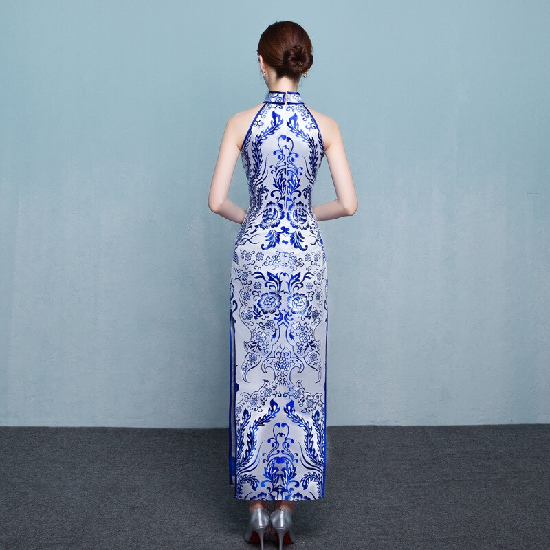 Blue And White Sleeveless Evening Cheongsam Dresses Phoenix Halter Banquet Tuxedos Long Chinese Style Satin Evening Qipao Gowns